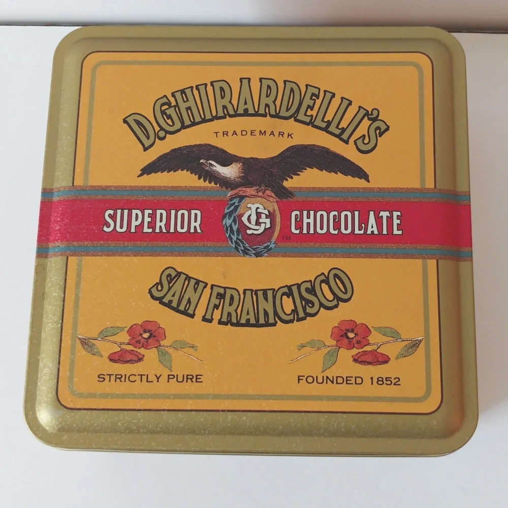 Vintage Ghirardelli's Chocolate Tin Square Gold Green Red 1993